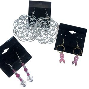 Lot‎ Of 3 Pairs Of Earrings Filigree Pink Ribbon Hoop Dangle Beads